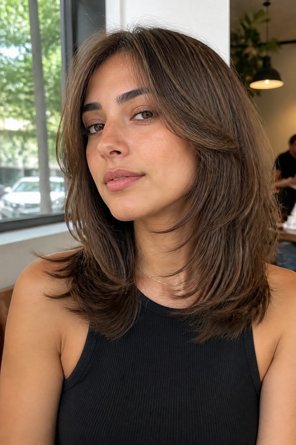 Portrait of real woman with feathered midi cut and airy ends