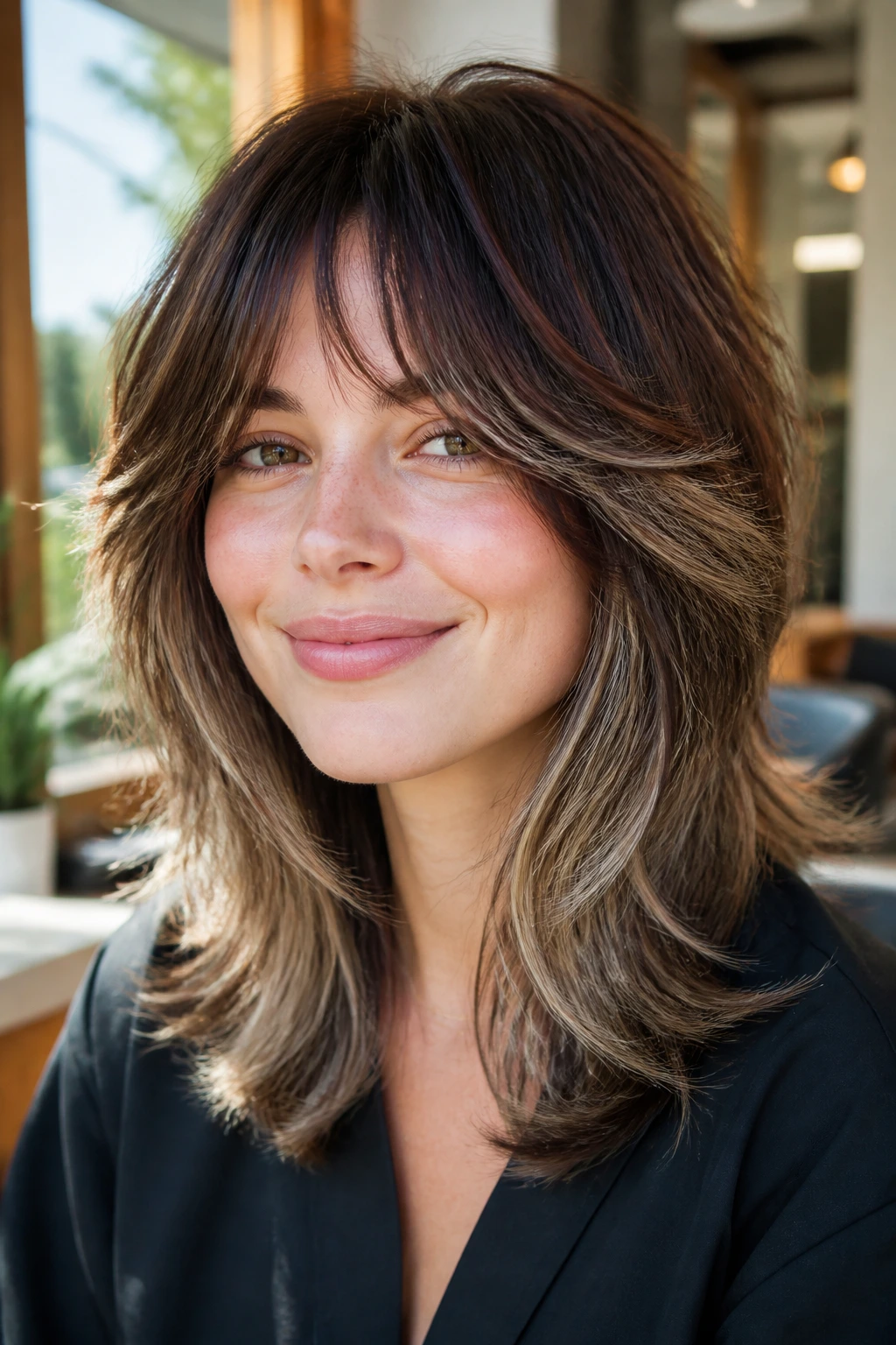 Close-up of a real woman with a feathered midi shag showing soft mid-length layers in a sunlit salon.