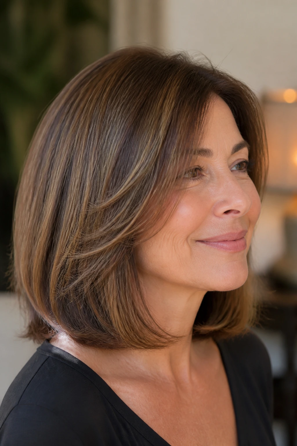 Close-up of real woman with mocha lob and feathered layers at ends