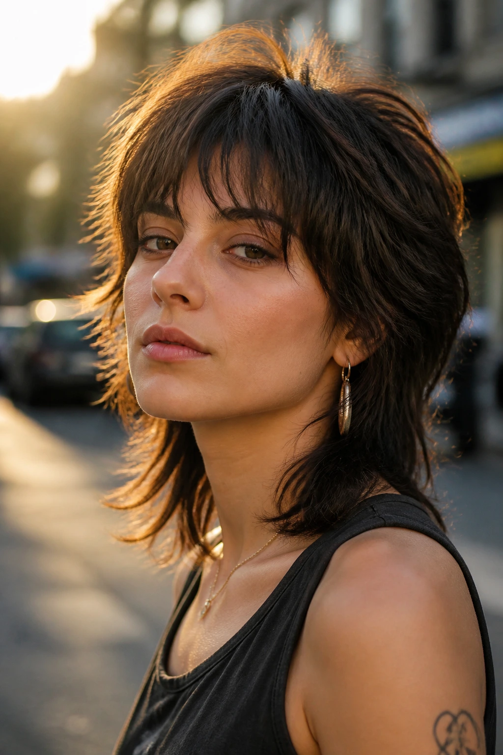 Close-up of a real woman with feathered mullet and piecey bangs in golden hour street setting