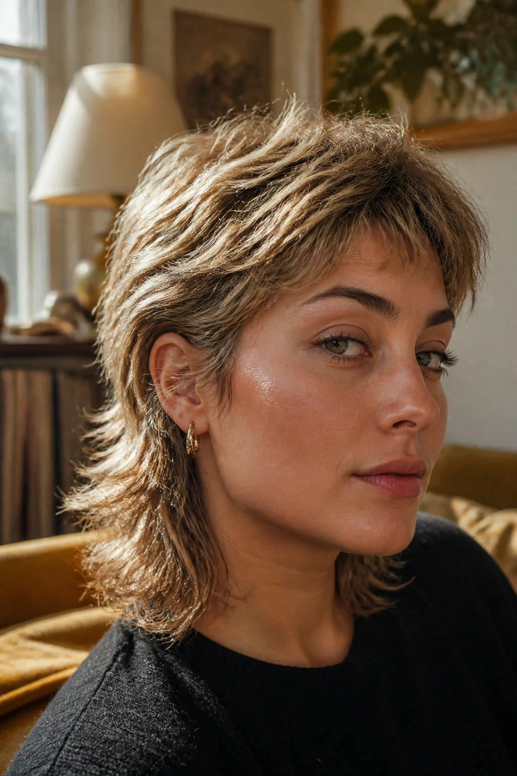 Close-up portrait of a real person with a feathered 90s mullet in a retro living room