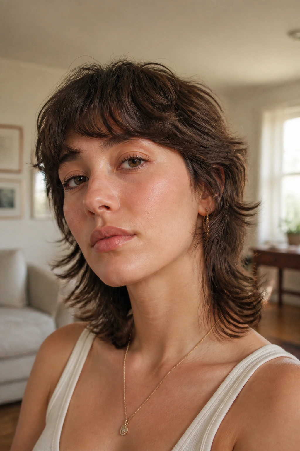 Close-up portrait of a real person with a feathered retro mullet and soft, airy ends