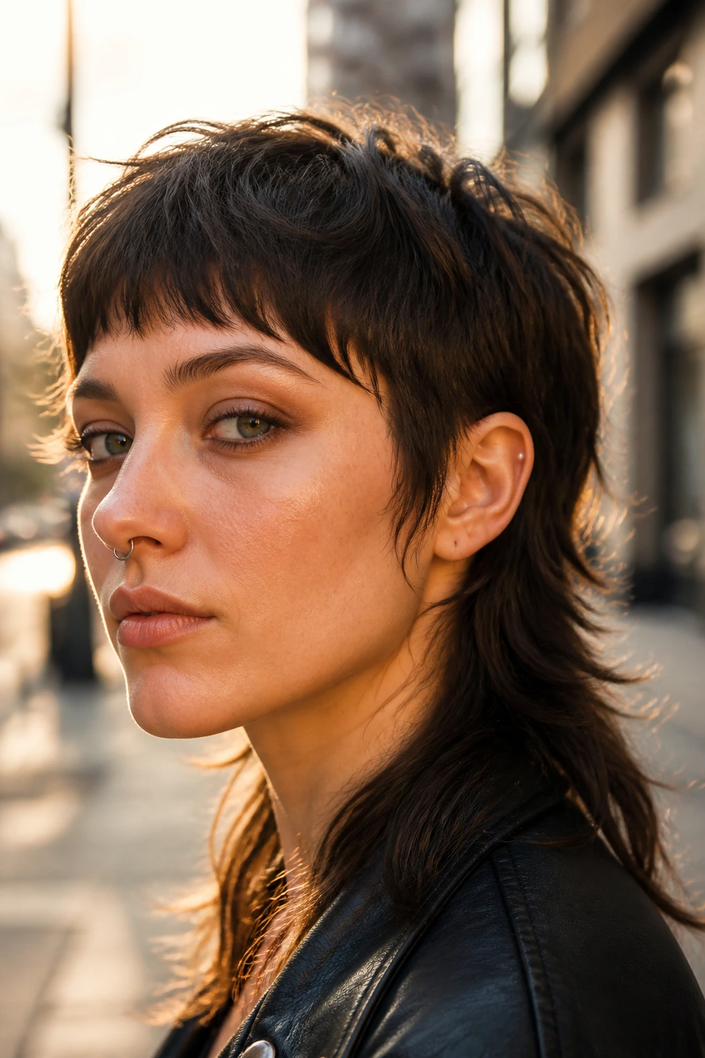 Portrait of a woman with a feathered mullet in golden hour street light