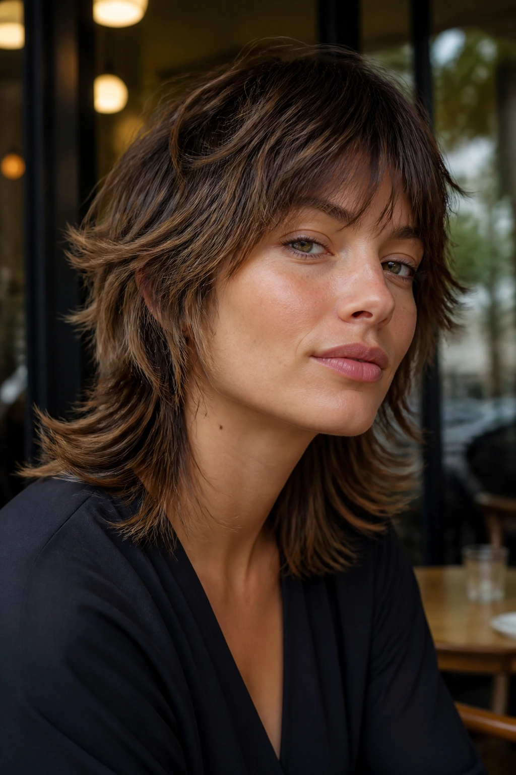 Close-up portrait of a real woman with feathered mullet and flicked-out ends outdoors