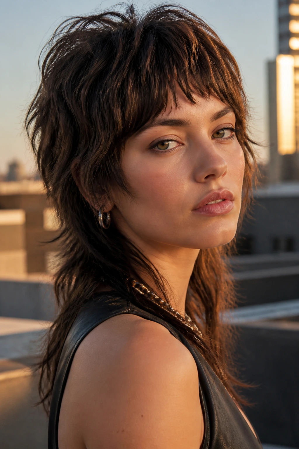 Portrait of a real woman wearing a feathered mullet shag with jagged bangs in golden hour light.