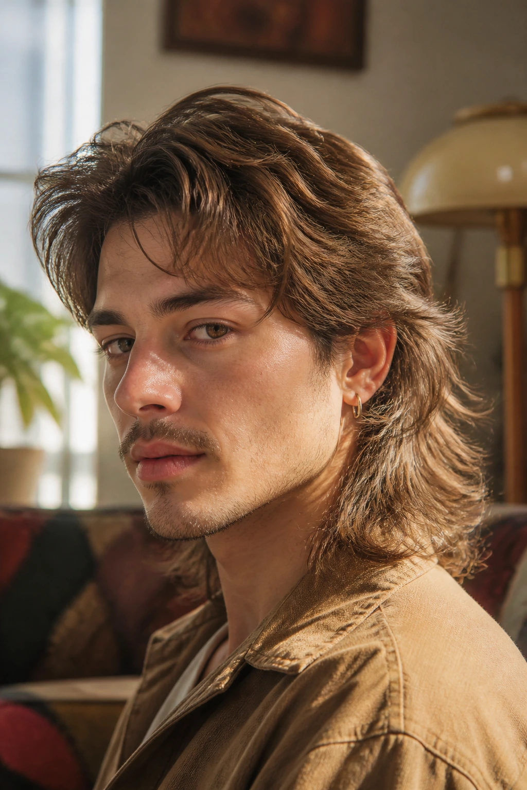 Close-up portrait of a real person with feathered retro mullet and soft layers