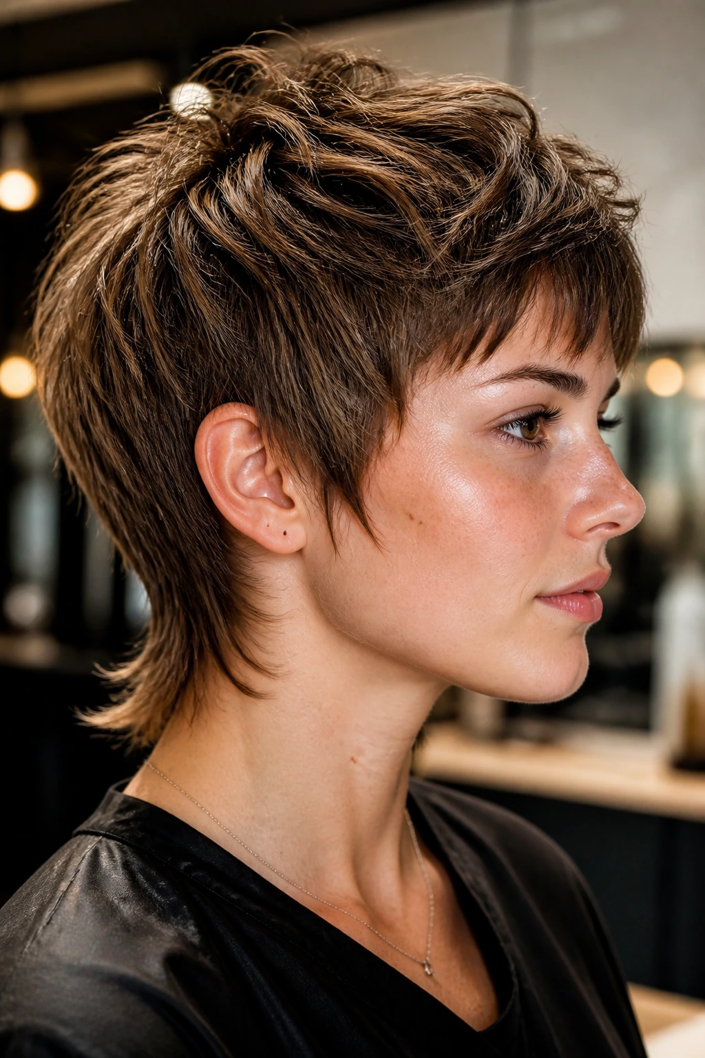 Close-up of a real person showing a feathered mullet with tapered neckline in a salon setting