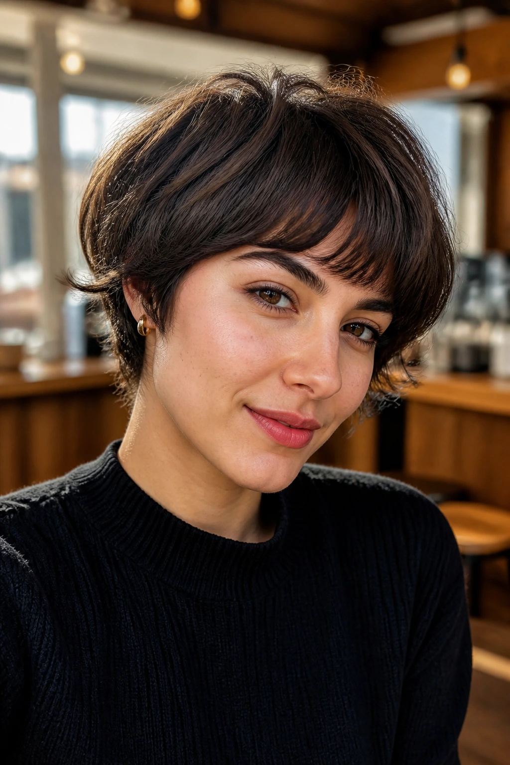 Close-up portrait of a woman with feathered mushroom cut in a cafe setting.