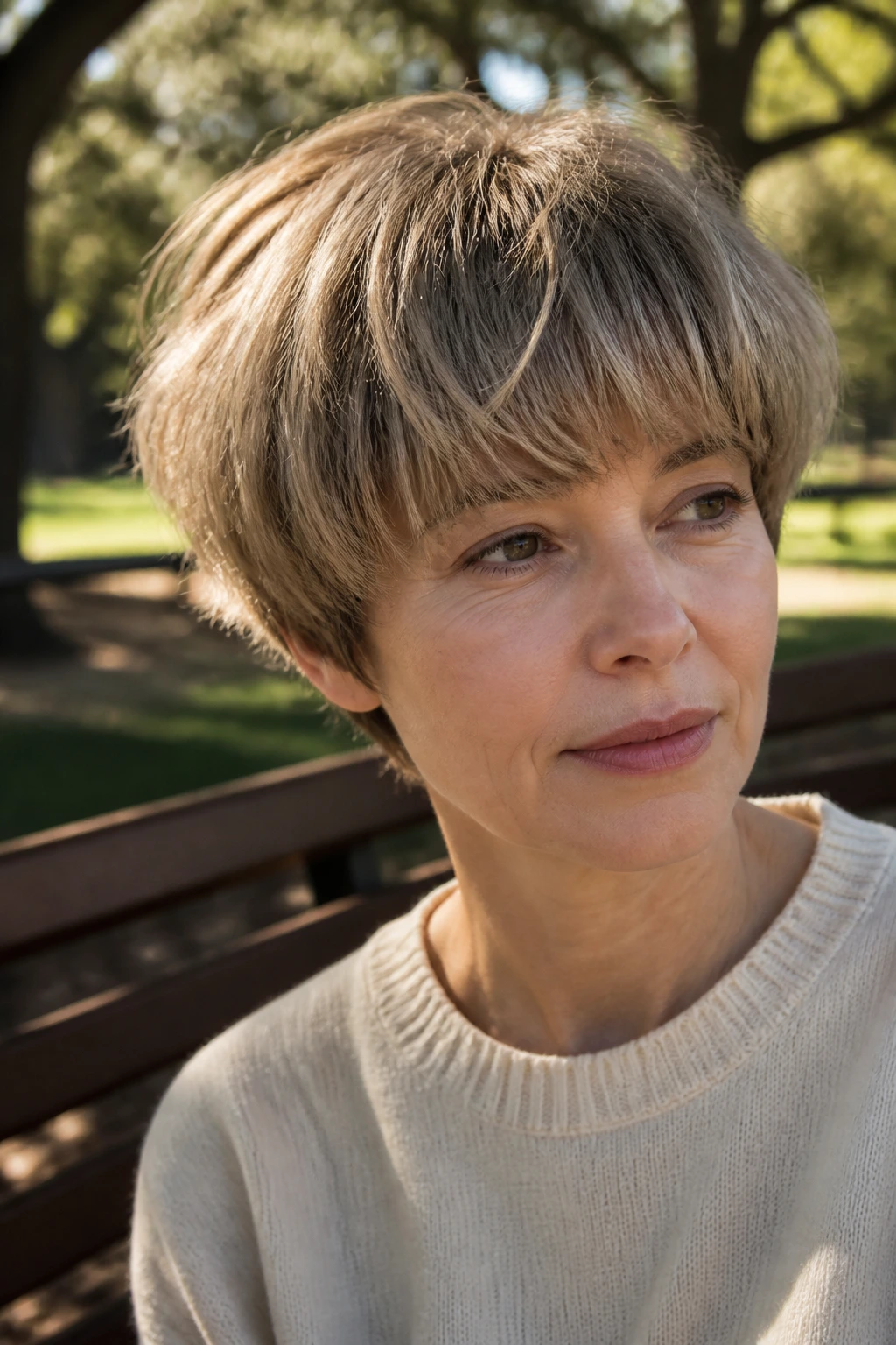 Close-up portrait of a real woman with feathered mushroom pixie hairstyle outdoors