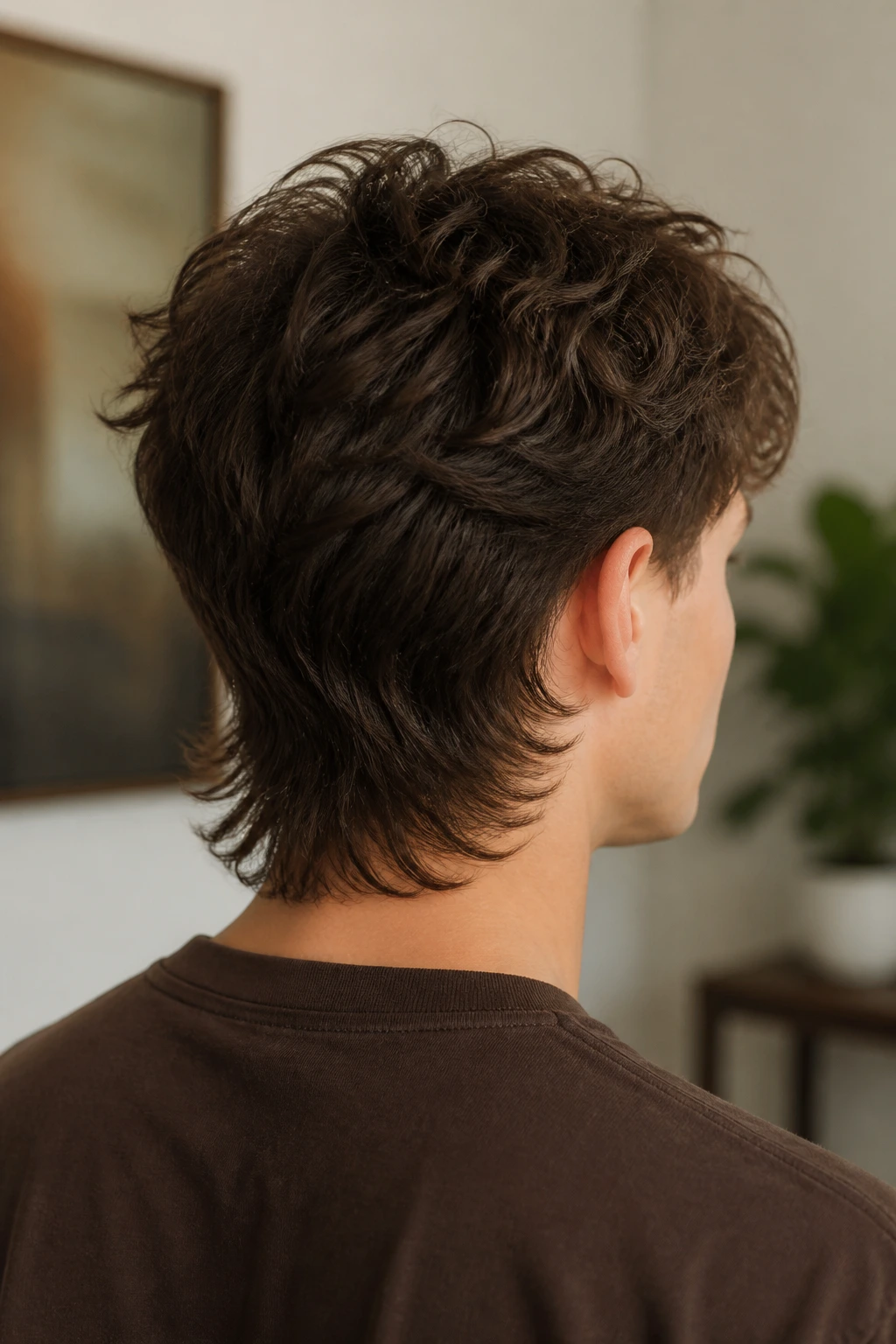 Rear view of a real person with feathered nape mullet in soft light