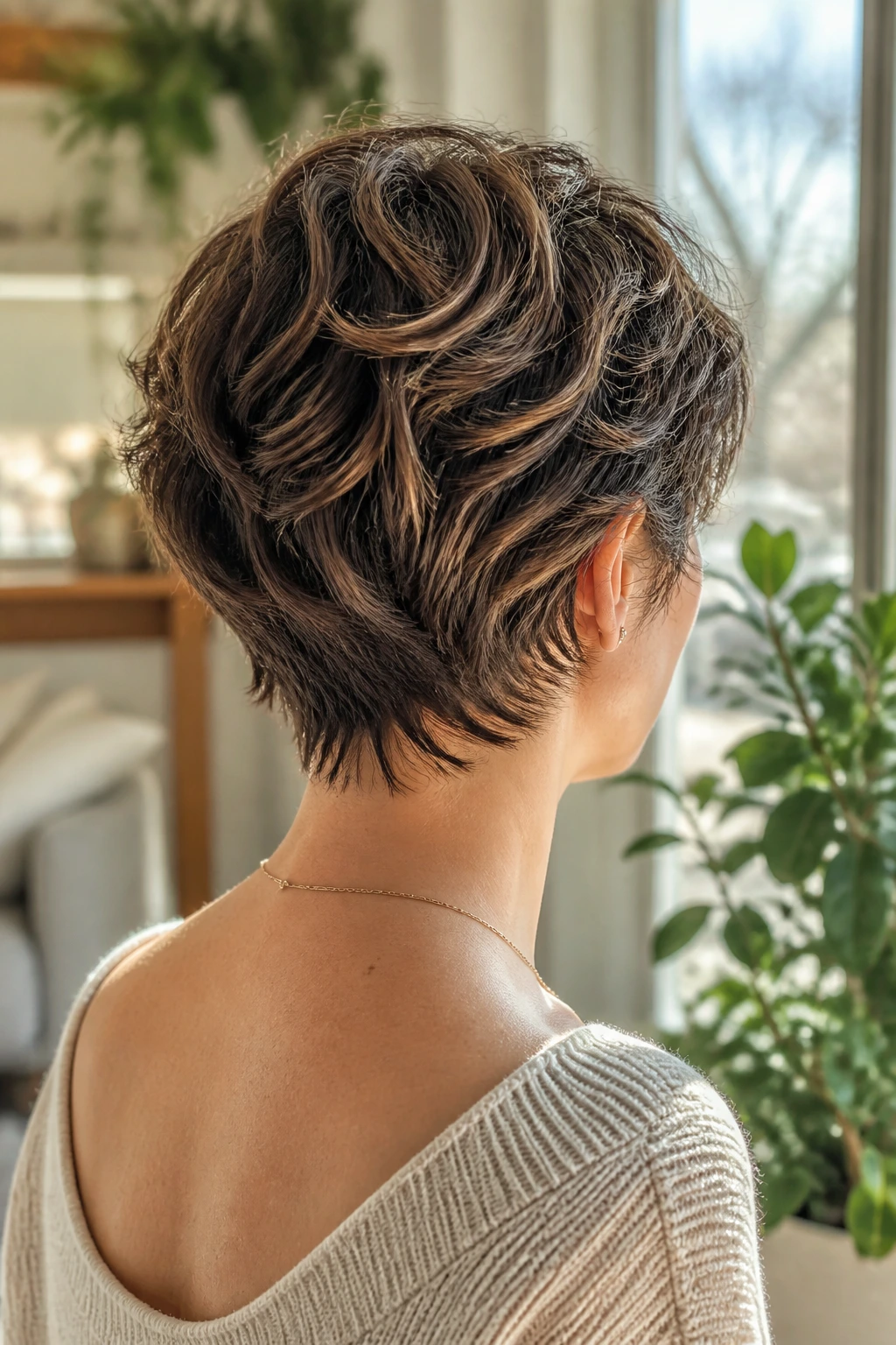 Back view of a real person with a soft feathered nape pixie, wispy neck edges.