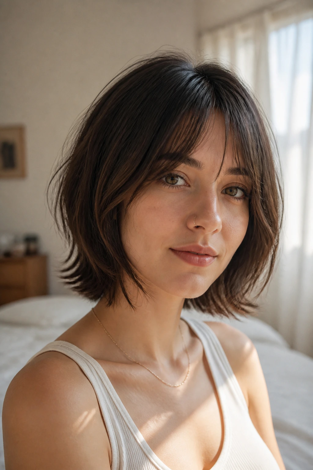 Close-up of a real woman with feathered neck-length bob and split bangs in soft morning light.