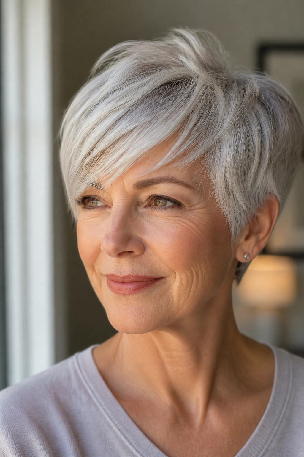 Close-up portrait of a real woman with a feathered pixie and side-swept bangs