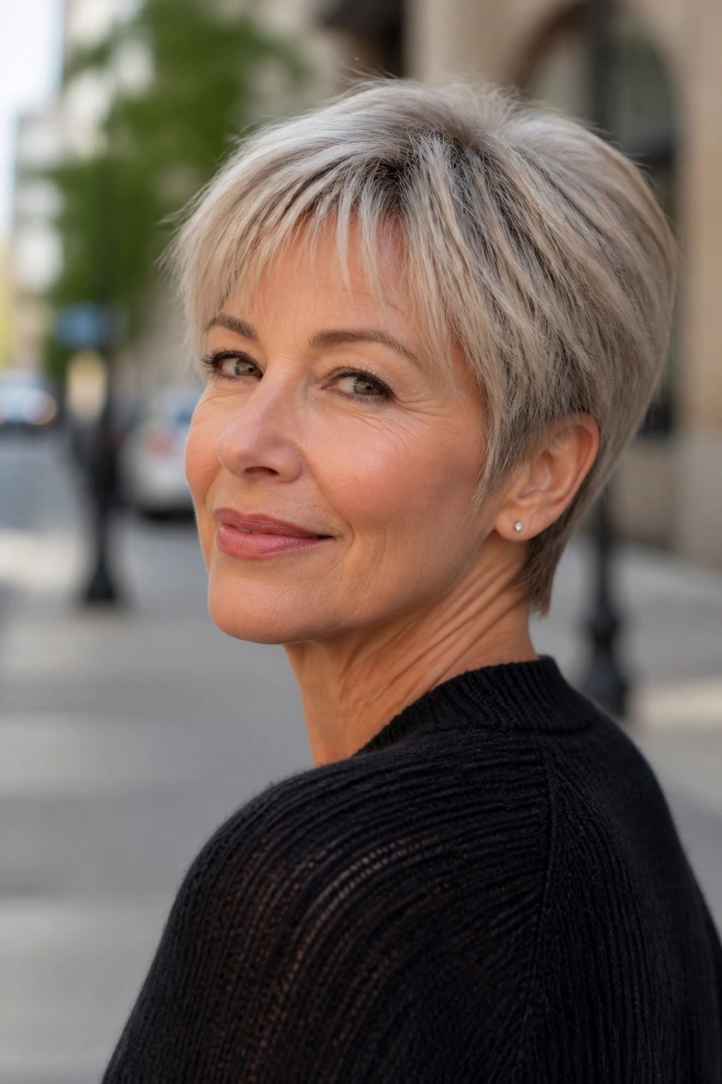 Close-up portrait of a real woman with feathered pixie bangs