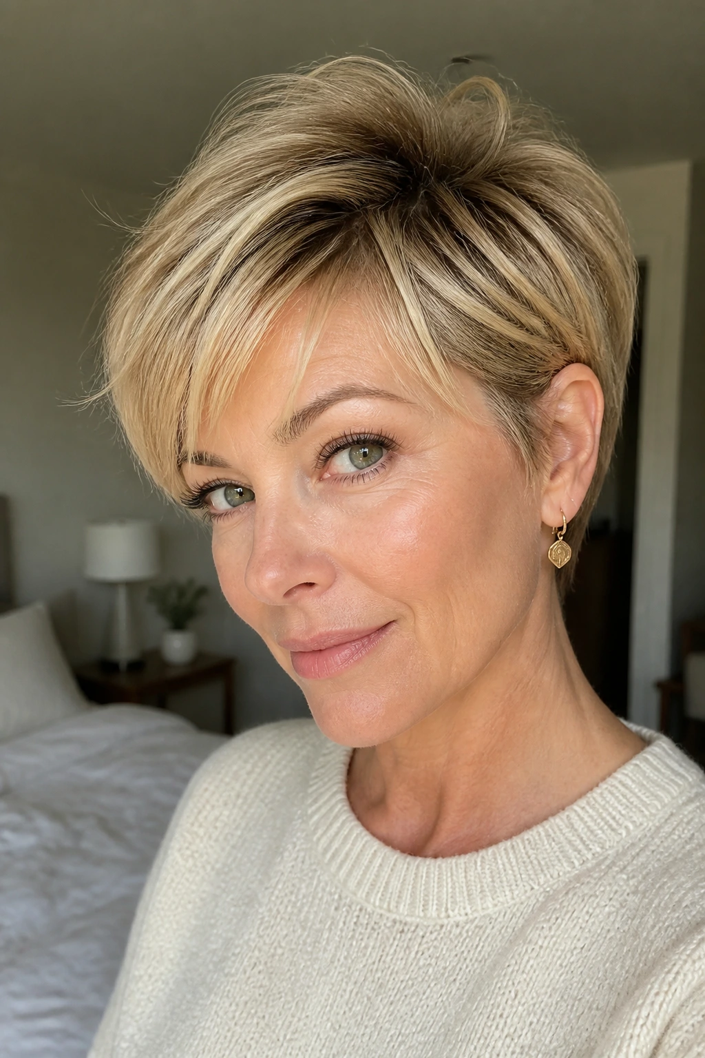 Close-up of a real woman with feathered long pixie ear tuck in natural window light