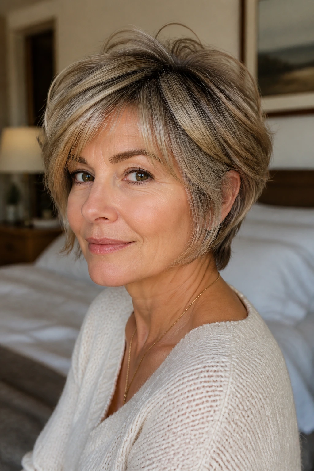 Close-up of a real woman with a feathered pixie bob under soft window light