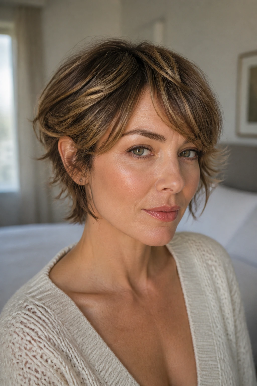 Close-up portrait of a real woman with a feathered pixie bob in natural light