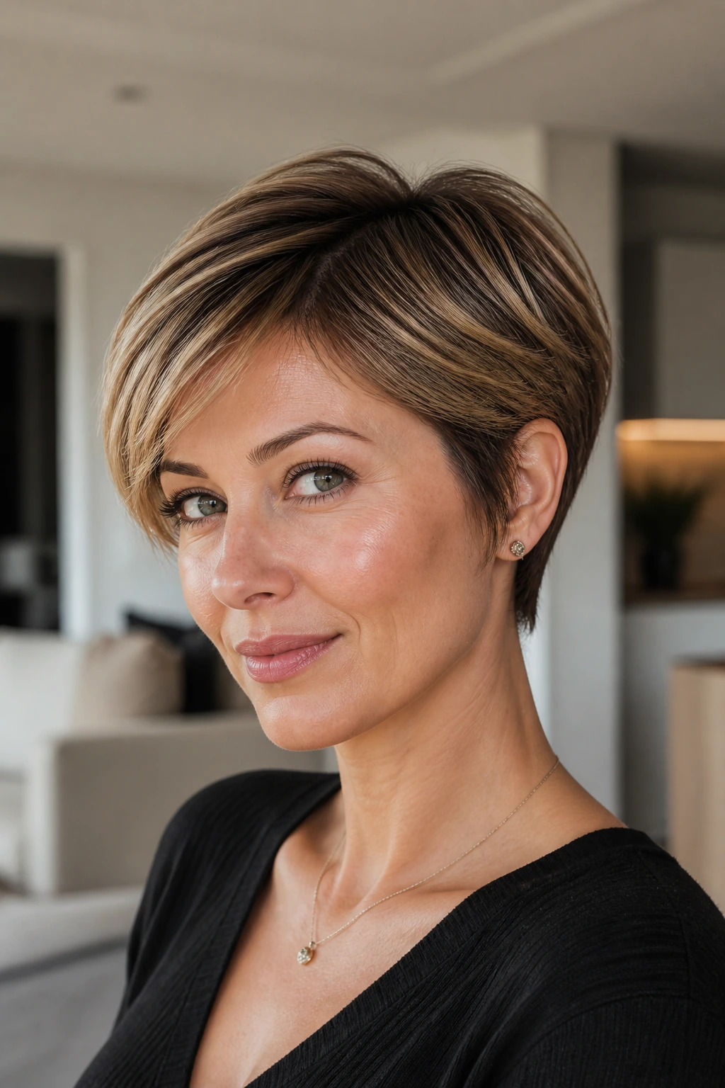 Close-up portrait of a real person with a sleek feathered pixie-bob and soft crown
