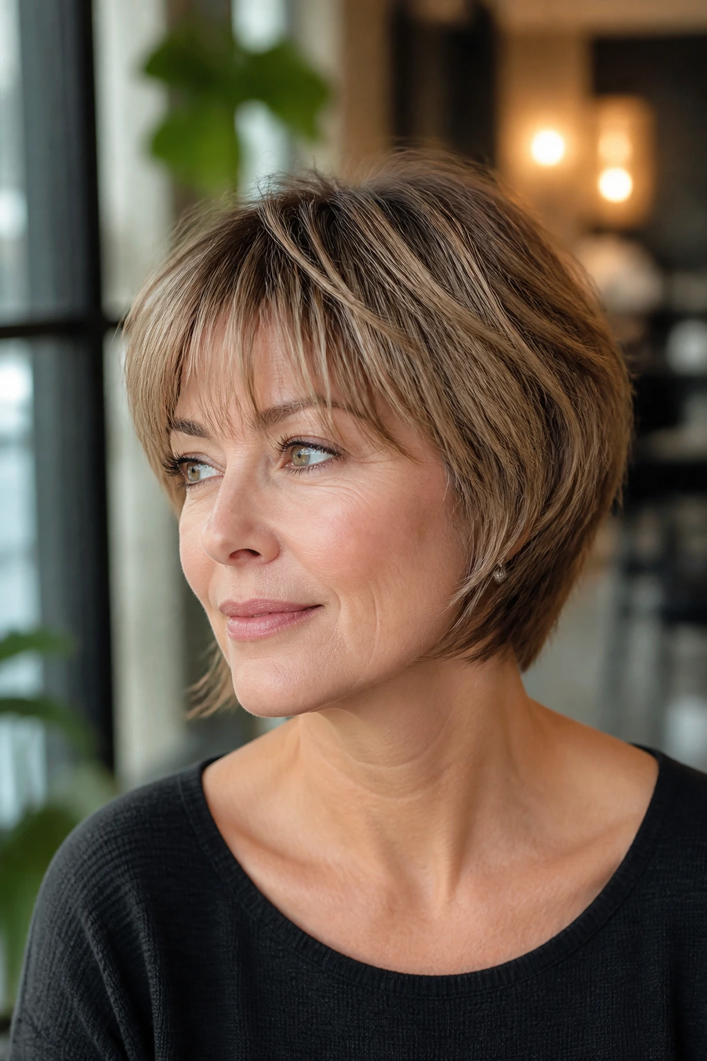 Close-up portrait of a real woman with a feathered pixie-bob hairstyle showing soft feathering and lift.