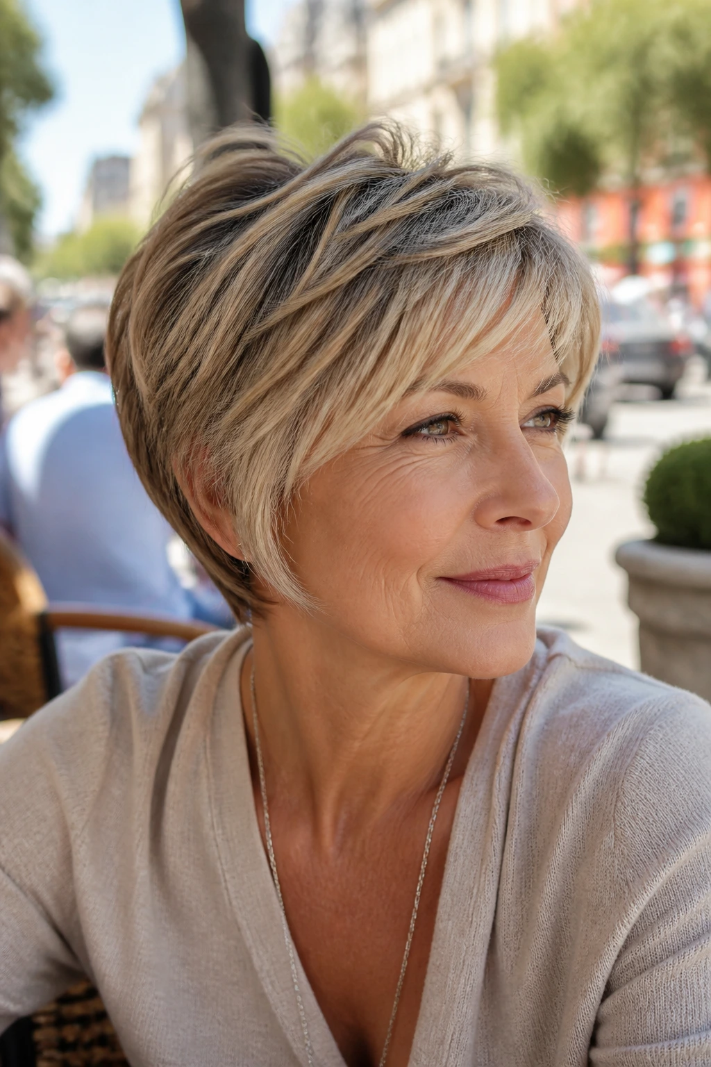 Close-up of an older woman with a feathered pixie bob