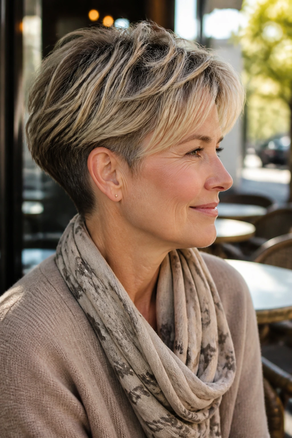 Portrait of woman with feathered pixie-bob and subtle back undercut