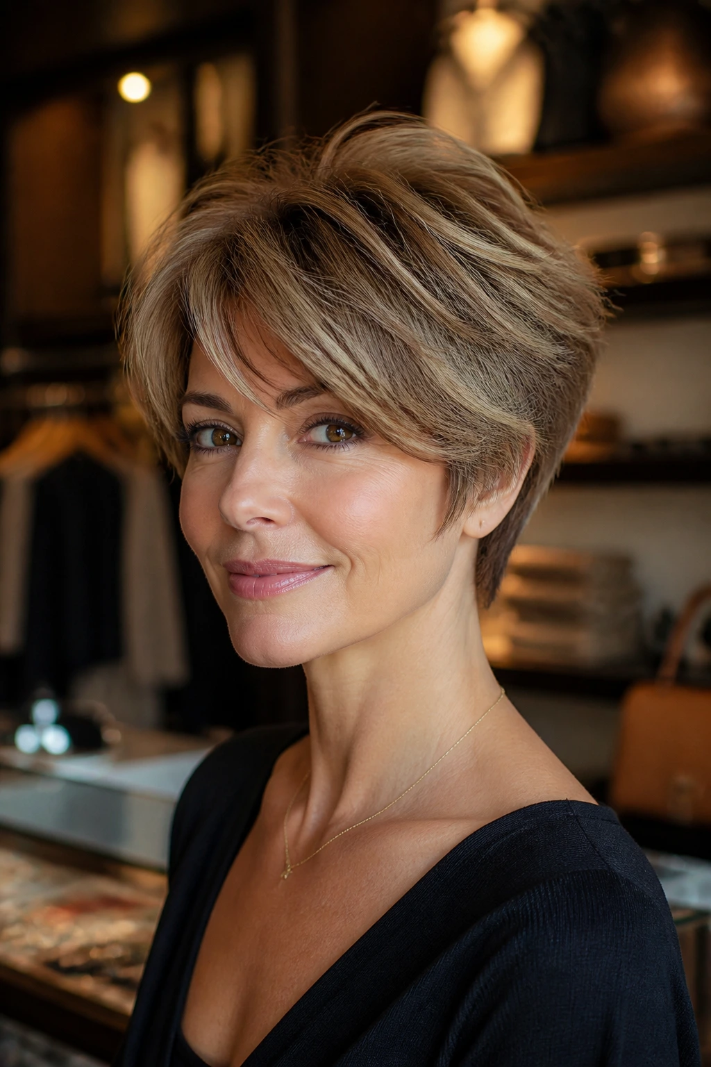 Close-up portrait of a real woman with Feathered Volume Pixie Bob showing airy feathered layers.