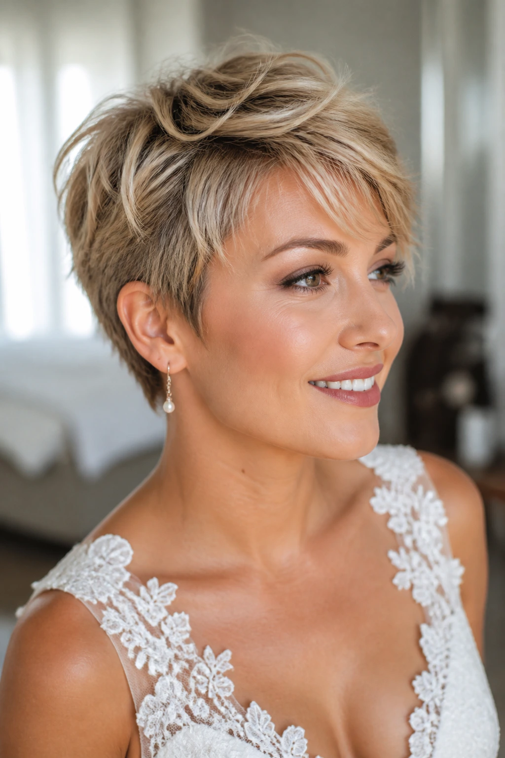 Portrait of a bride with a feathered pixie haircut in bridal prep room