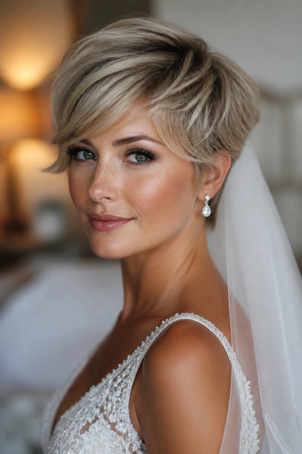 Bride with feathered side-layer pixie brushing the cheek