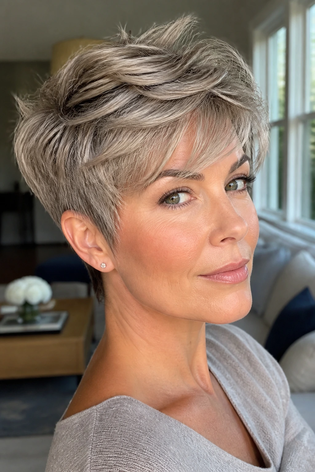 Portrait of real person with feathered crown pixie showing airy crown and soft layers