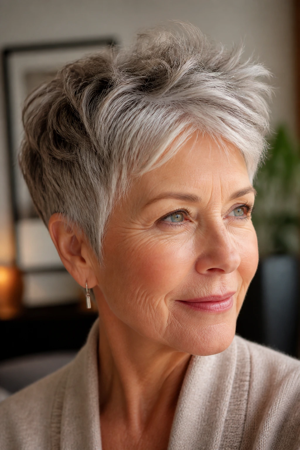 Close-up portrait of a real woman with a feathered pixie and crown lift