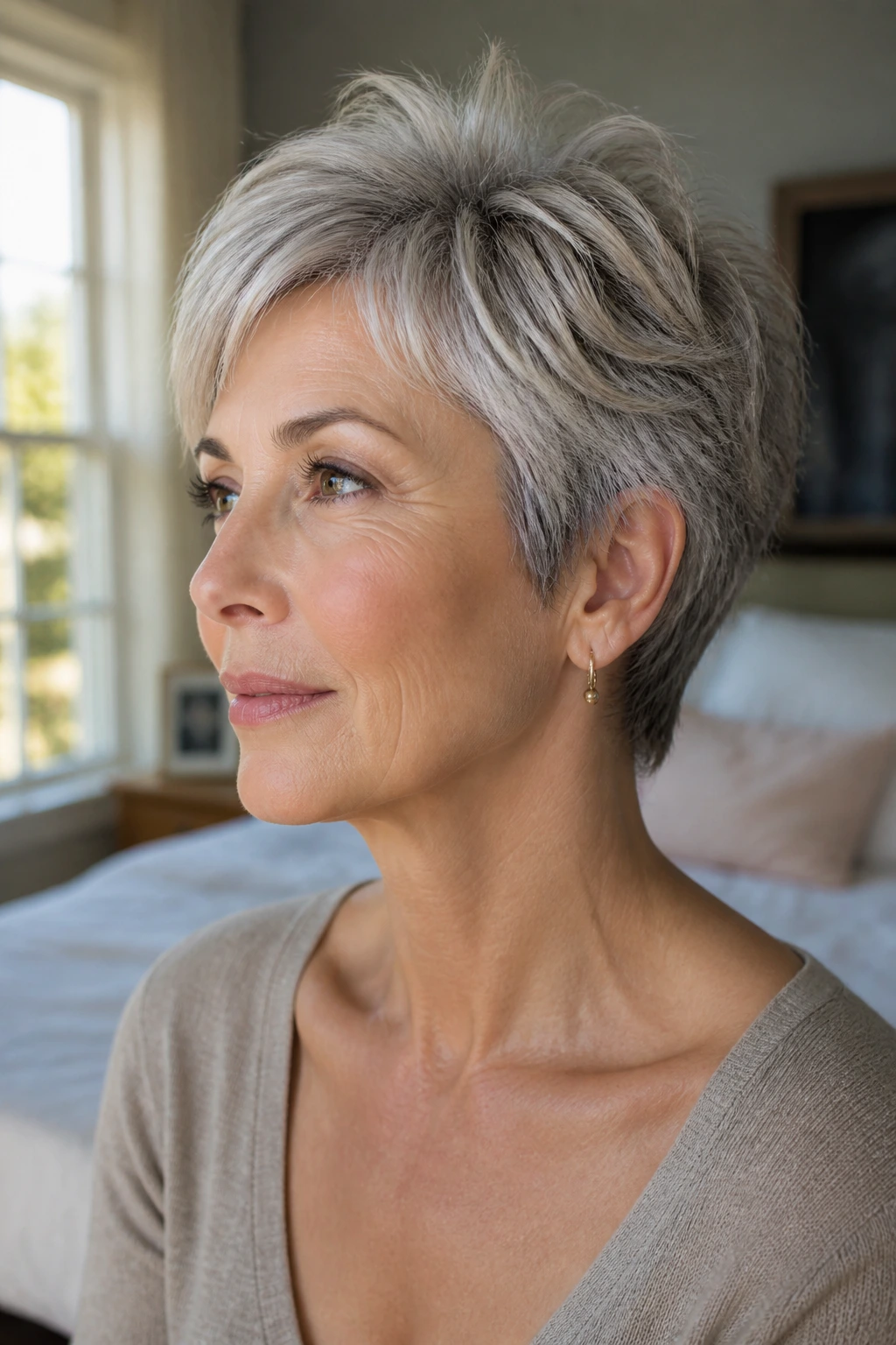Close-up of a real woman with a feathered pixie and soft crown lift in a sunlit bedroom