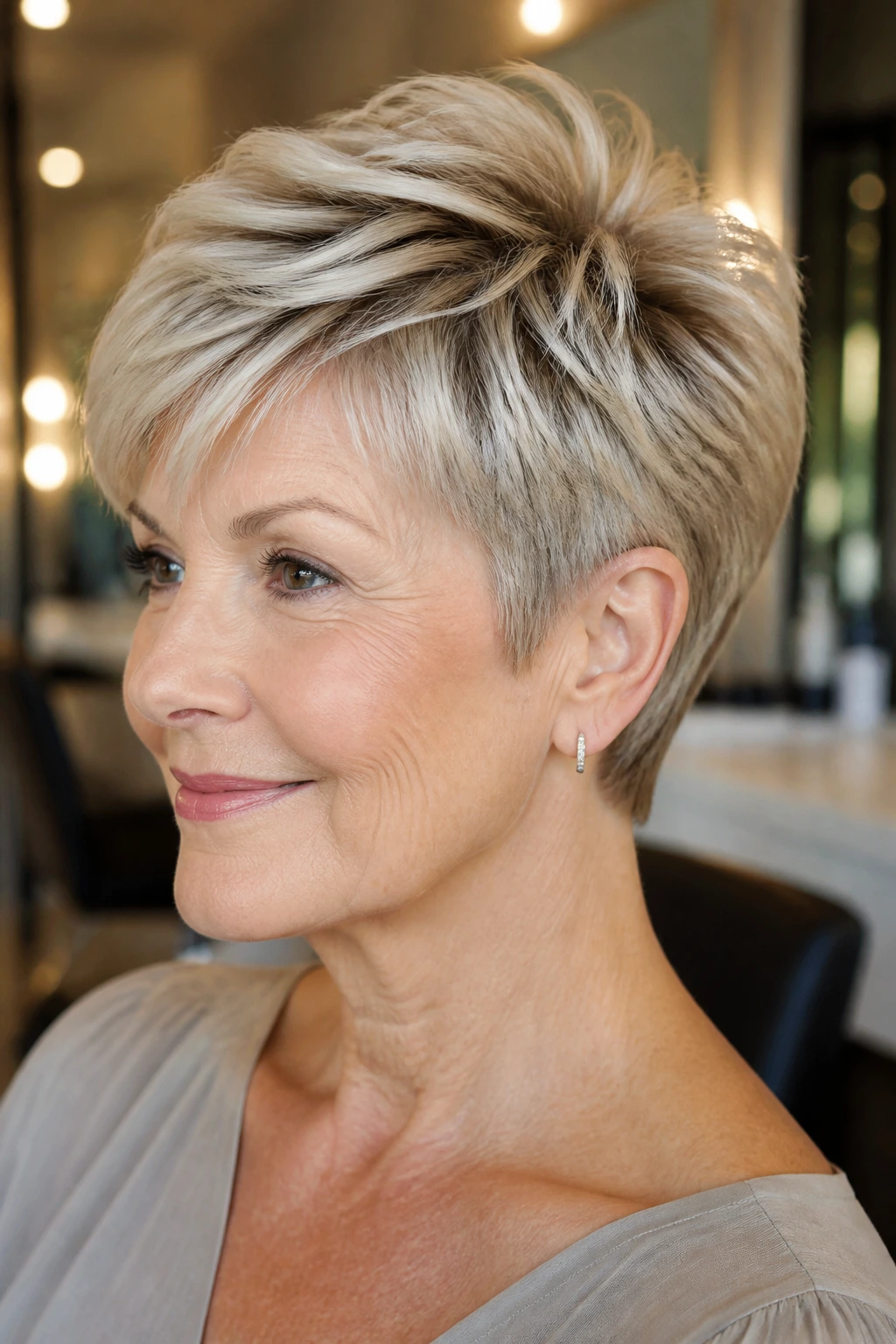 Close-up of real woman with feathered pixie crown lift