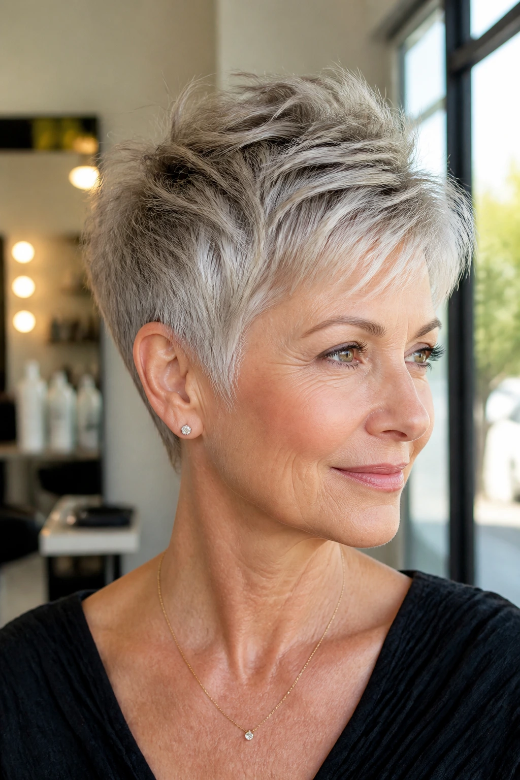 Close-up portrait of a woman with a feathered pixie and crown lift