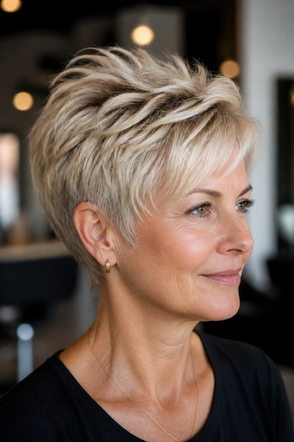 Real woman with feathered crown-lift pixie in a softly lit salon.
