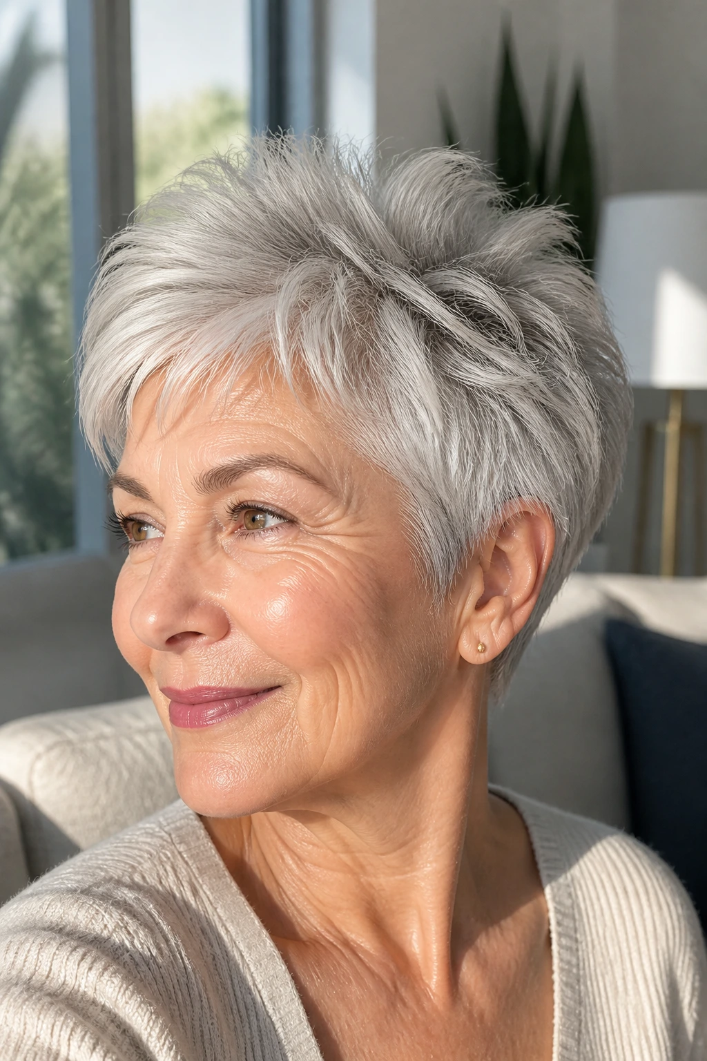 Close-up of a 60-year-old woman with a feathered pixie and crown lift