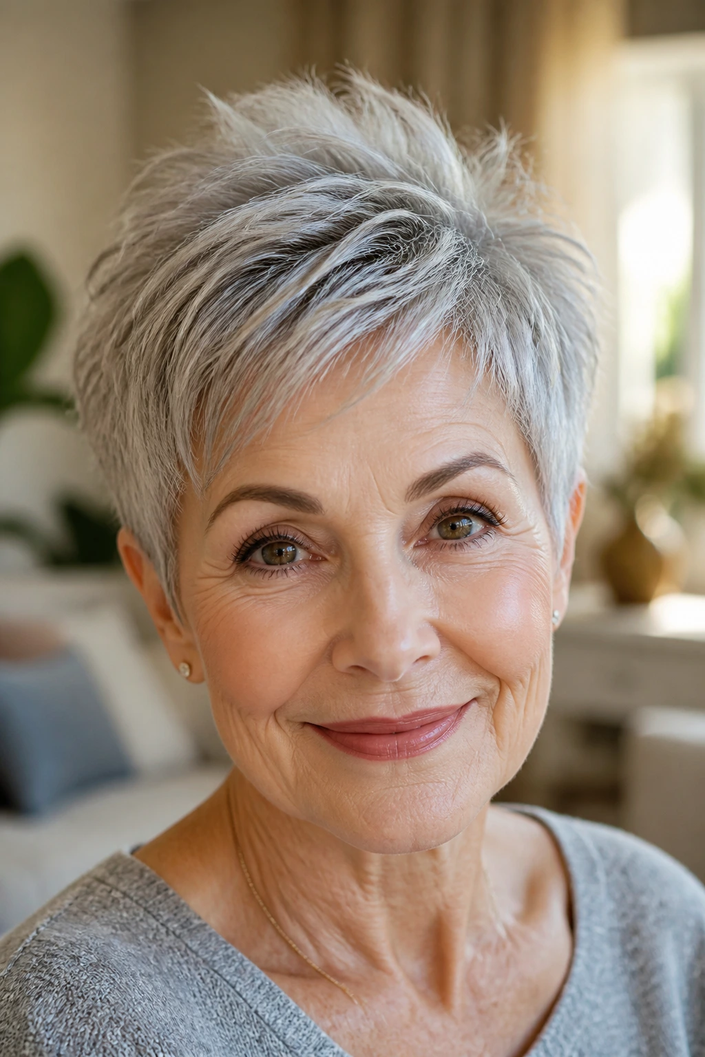 Close-up of a real woman with a feathered pixie and crown lift