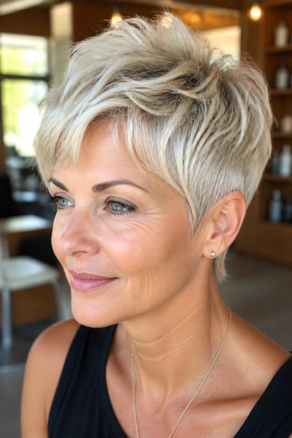 Portrait of a real person with a feathered pixie and crown lift.