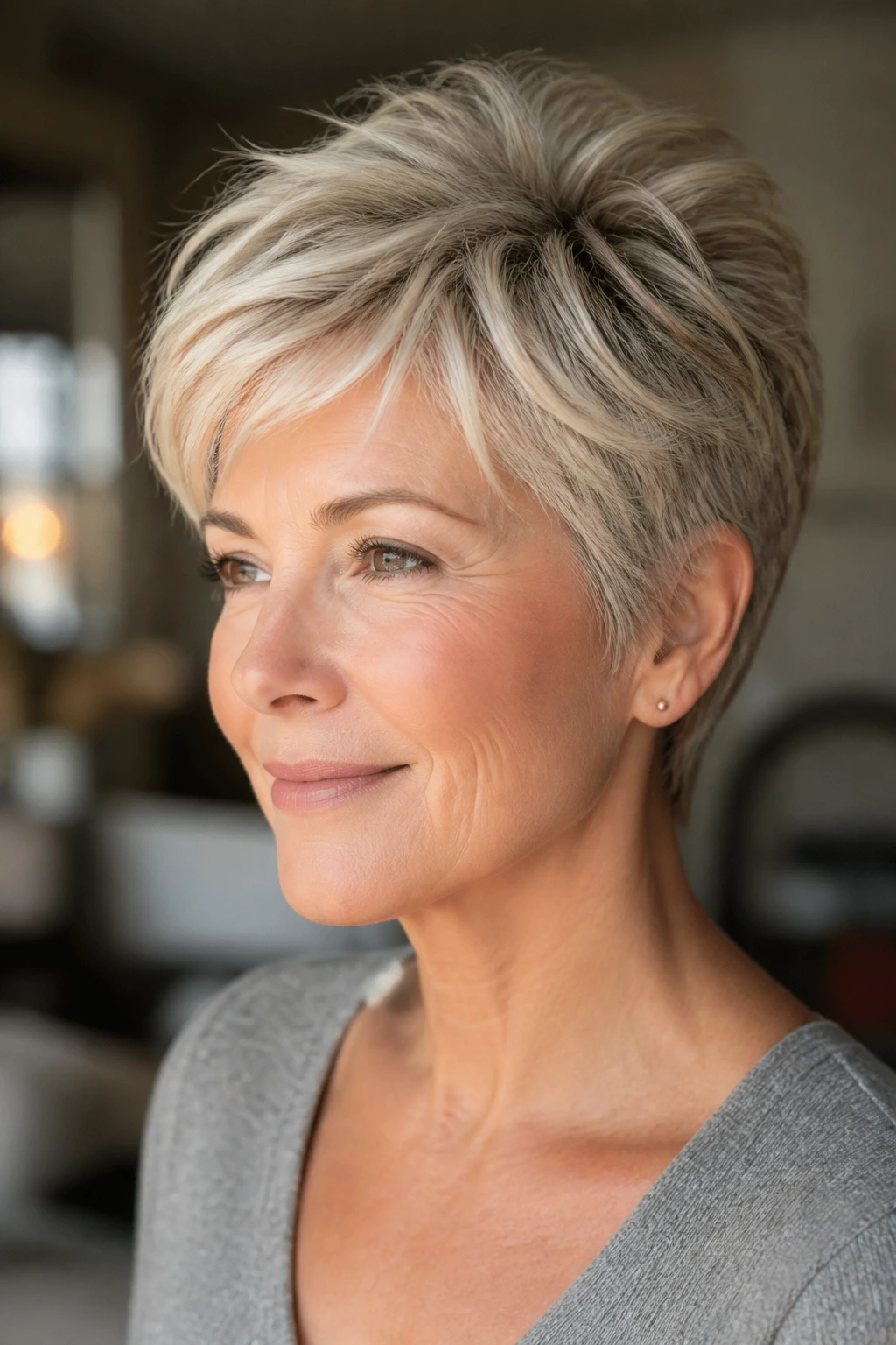 Close-up of real woman with crown-lifting feathered pixie