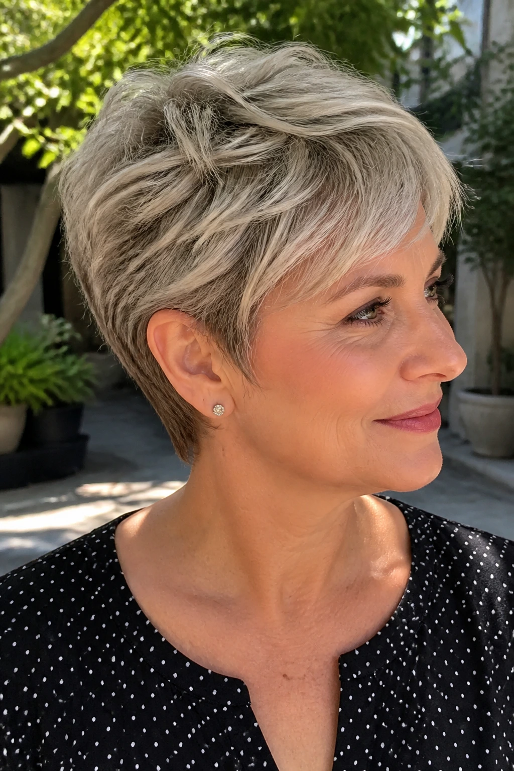 Close-up portrait of a real person with a feathered pixie cut