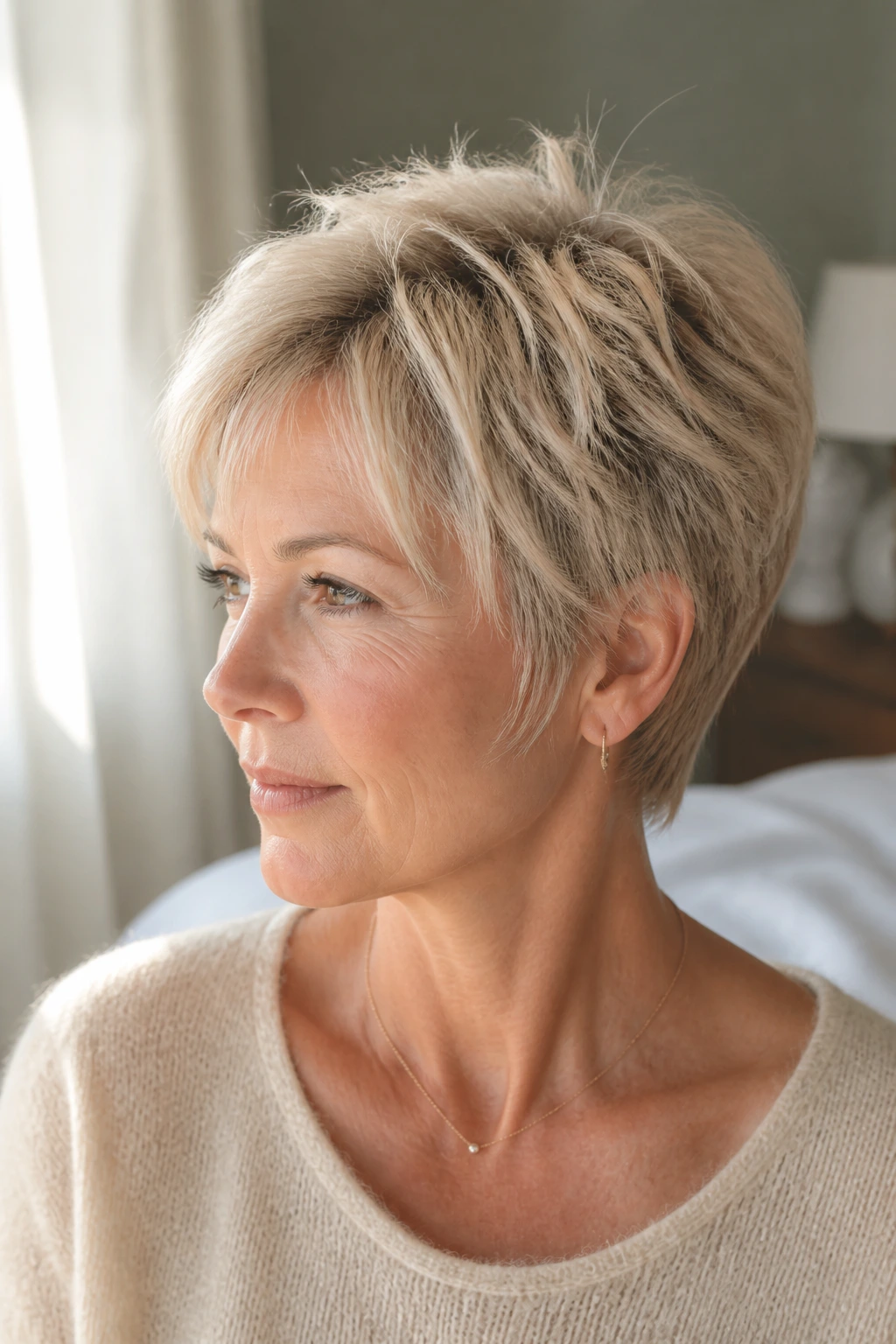 Close-up of a real woman with a feathered pixie for fine hair in bright morning light
