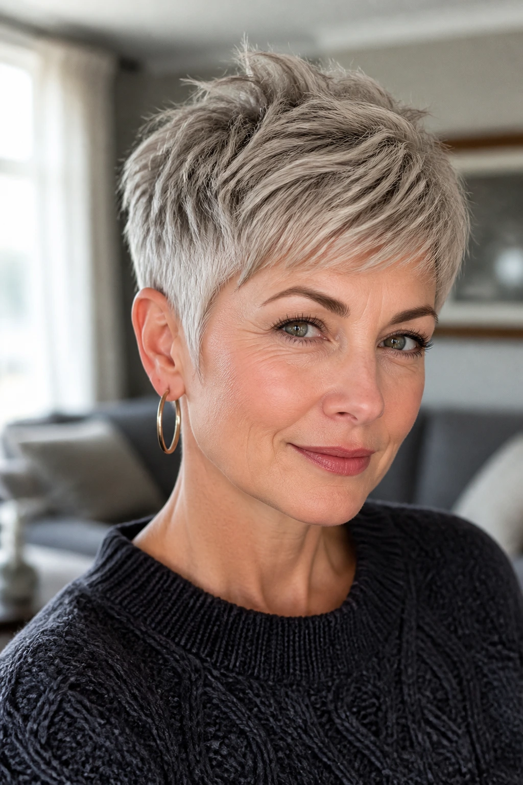 Portrait of a woman with a feathered pixie cut showing density at the crown