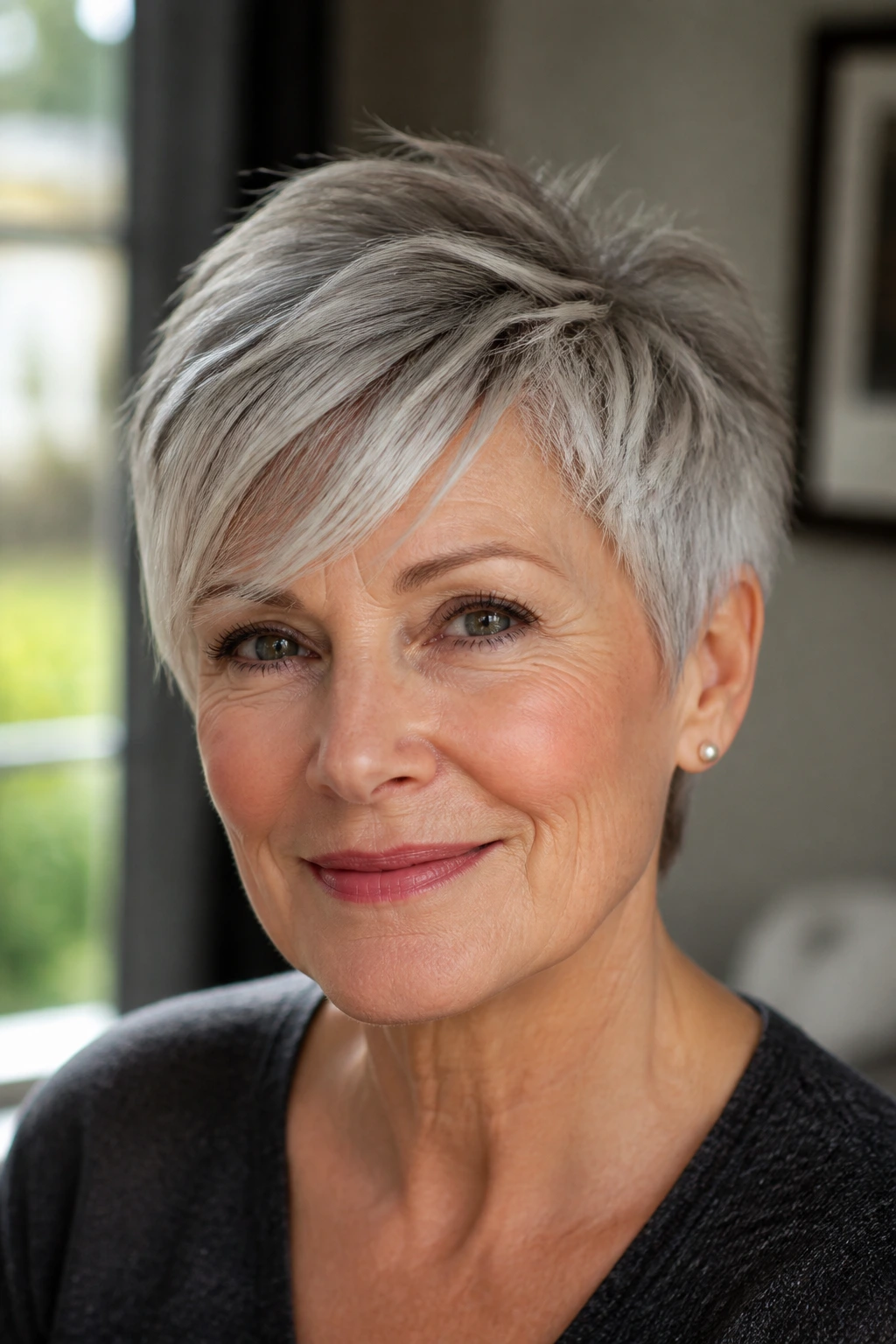 Real woman with feathered pixie and side-swept fringe in natural light.