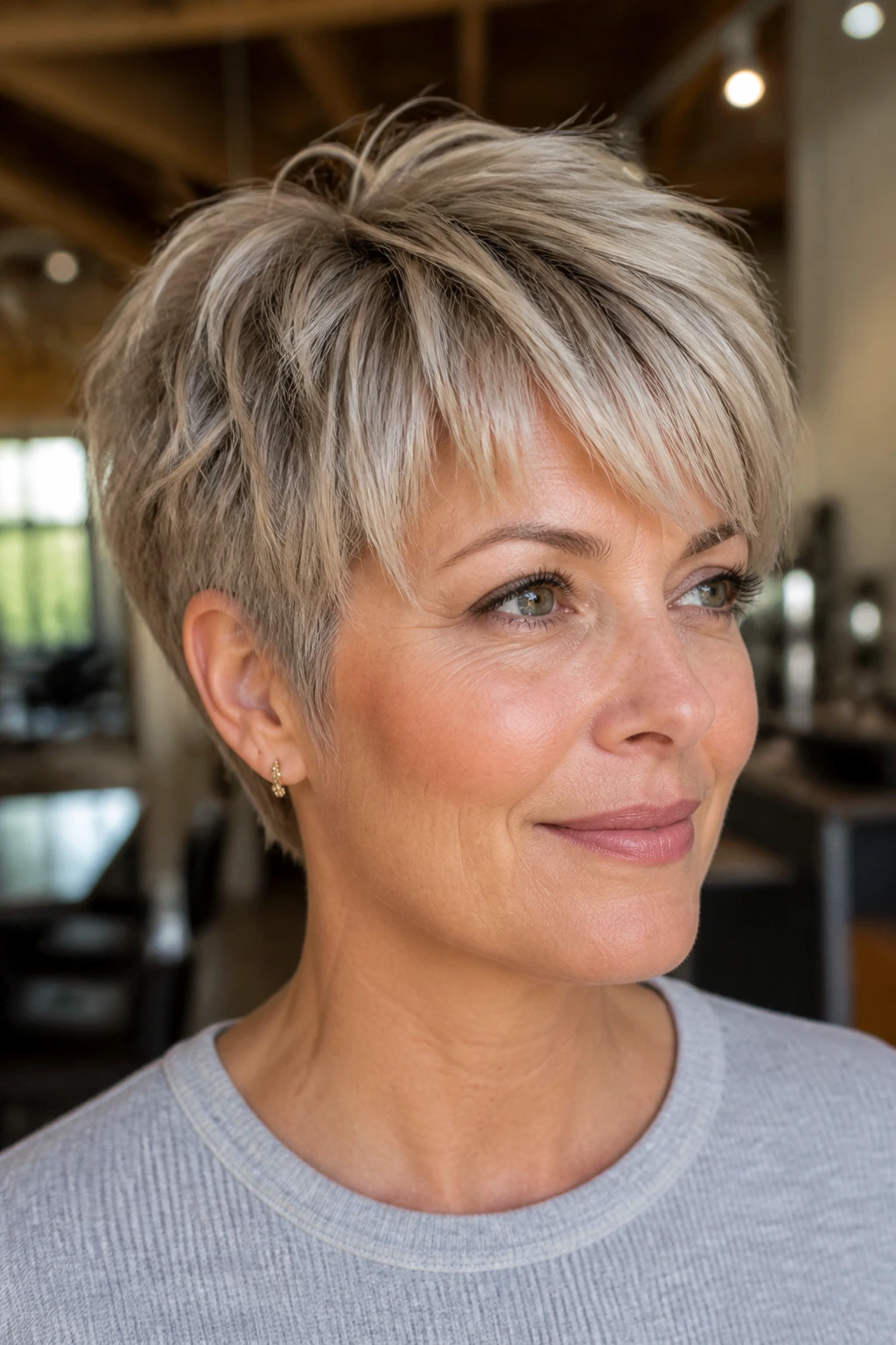 Portrait of a woman with feathered pixie fringe blending into the crown
