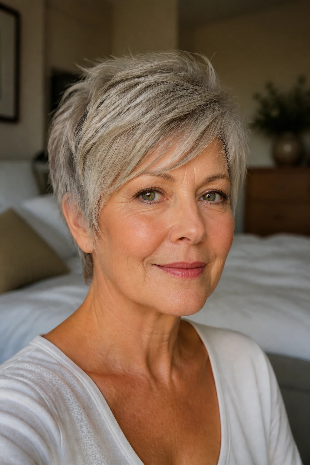 Close-up portrait of a real woman with feathered pixie and side-swept fringe