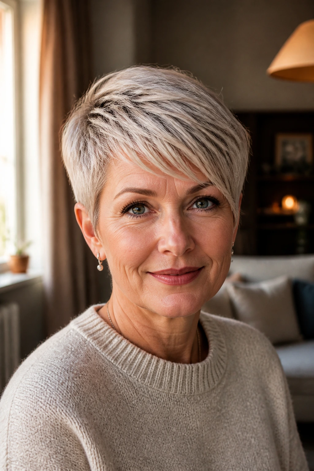 Close-up portrait of a real woman with a feathered side-swept pixie in warm window light