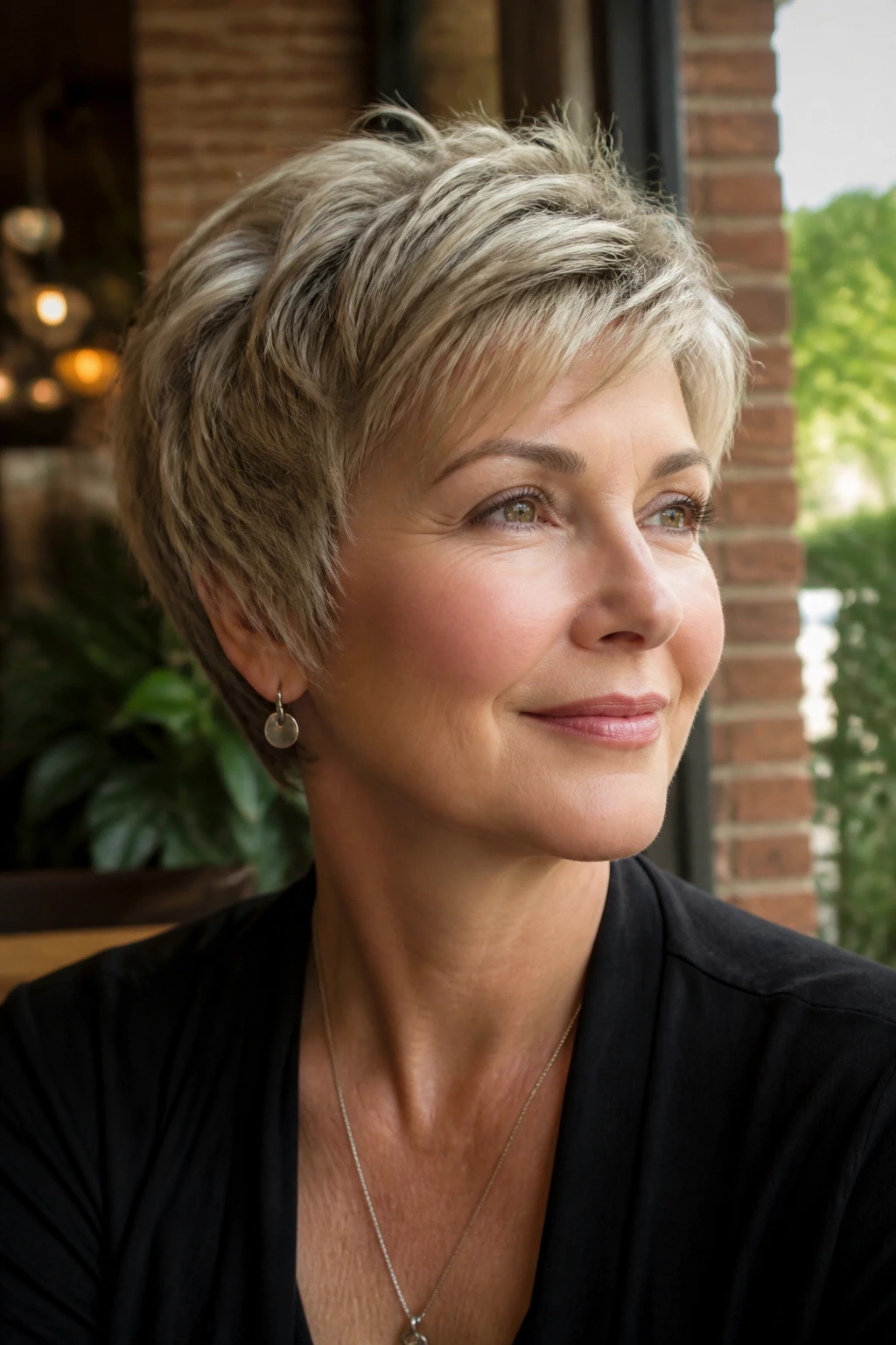 Close-up of a real woman with feathered pixie hairstyle in cafe light