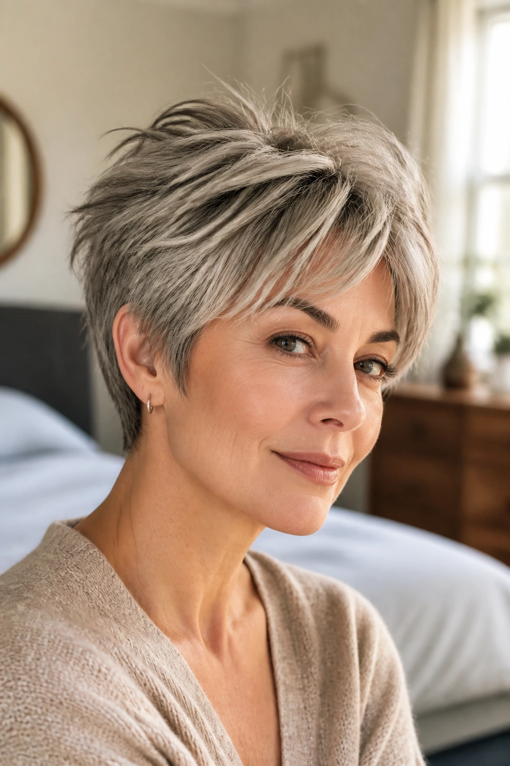 Close-up portrait of a real woman with a feathered pixie hairstyle featuring a longer crown and soft feathering.