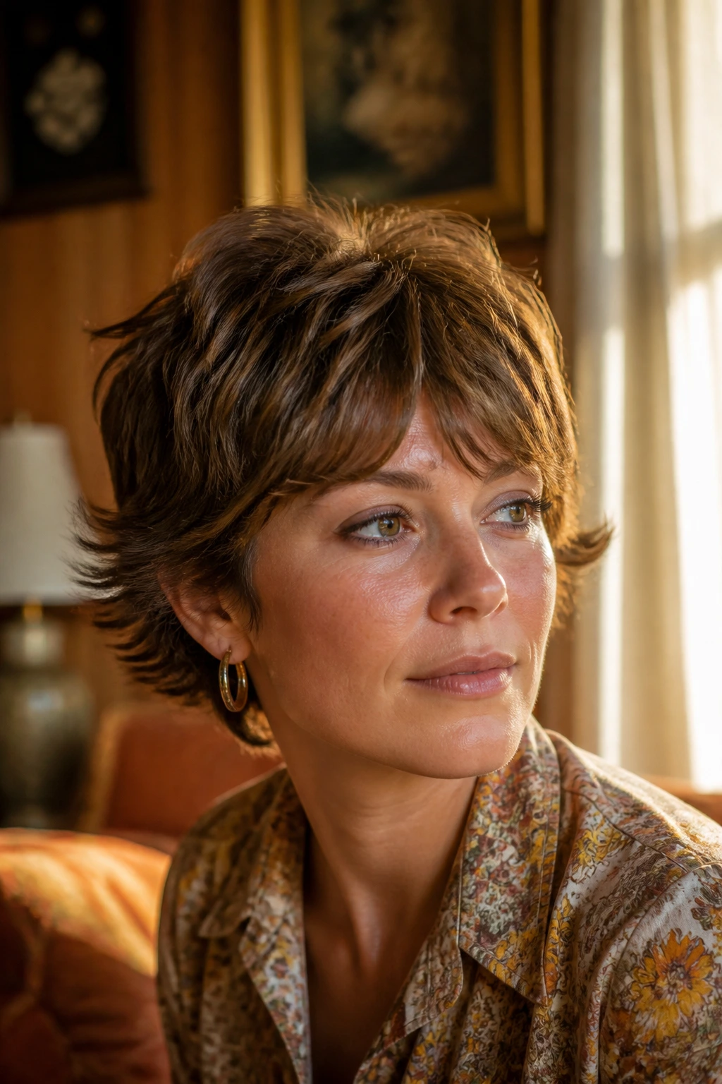 Close-up portrait of a woman with Feathered 1970s Pixie hairstyle in warm vintage light.