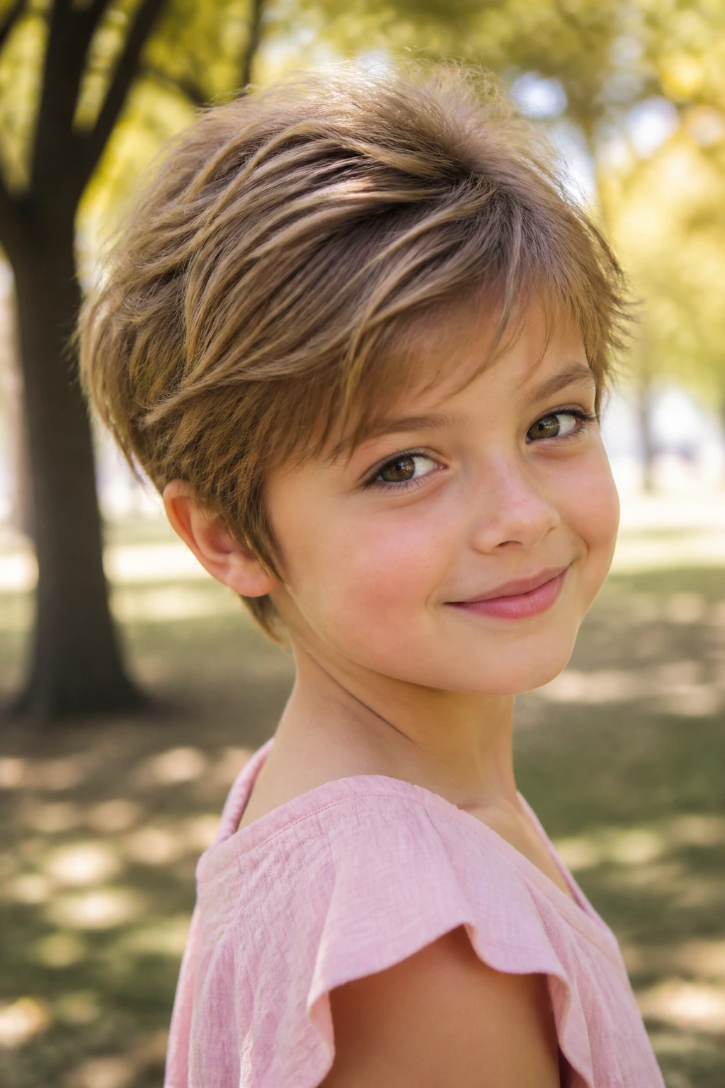 Portrait of a girl with feathered layered pixie hairstyle outdoors in sunlight.