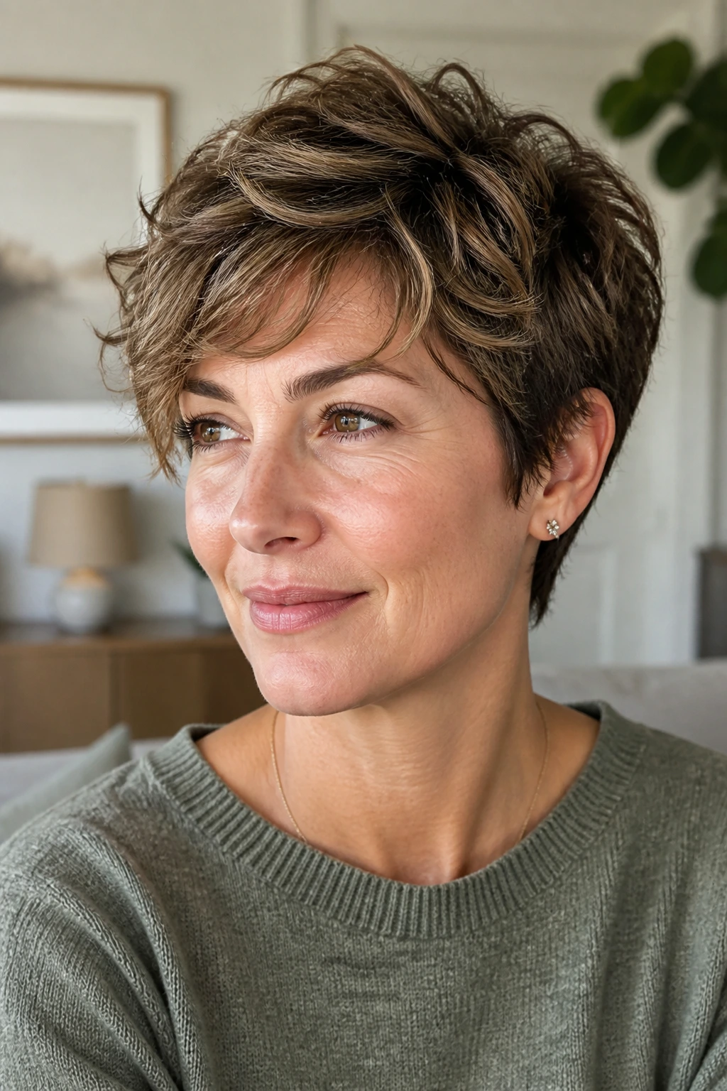 Close-up of real person with feathered layer pixie on natural daylight